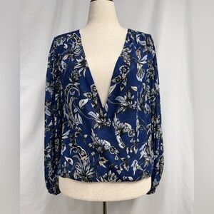 White House Black Market Pleated Volume Sleeve Surplice Floral Blouse